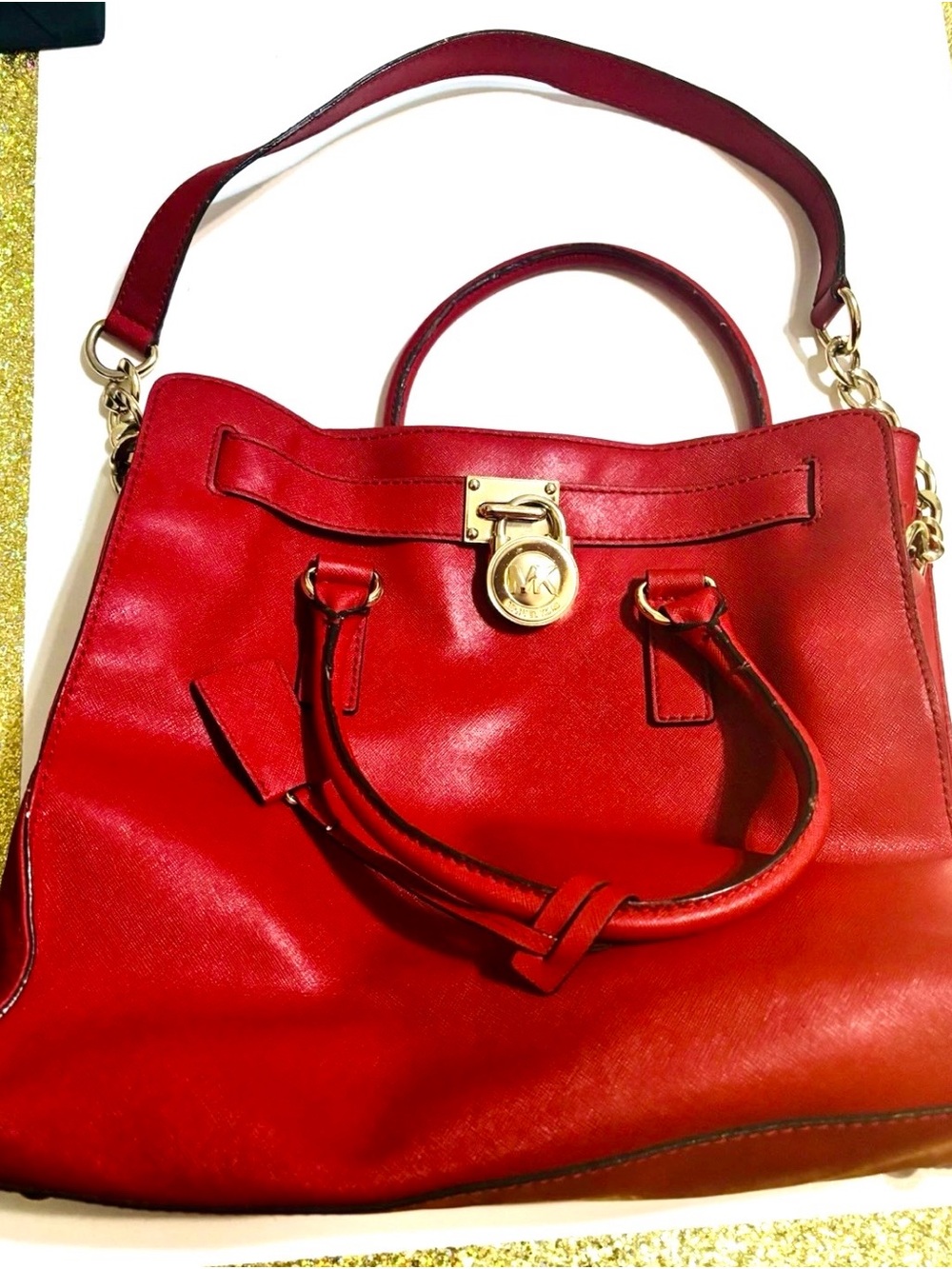 Michael Kors Red Leather Satchel with Gold Hardware